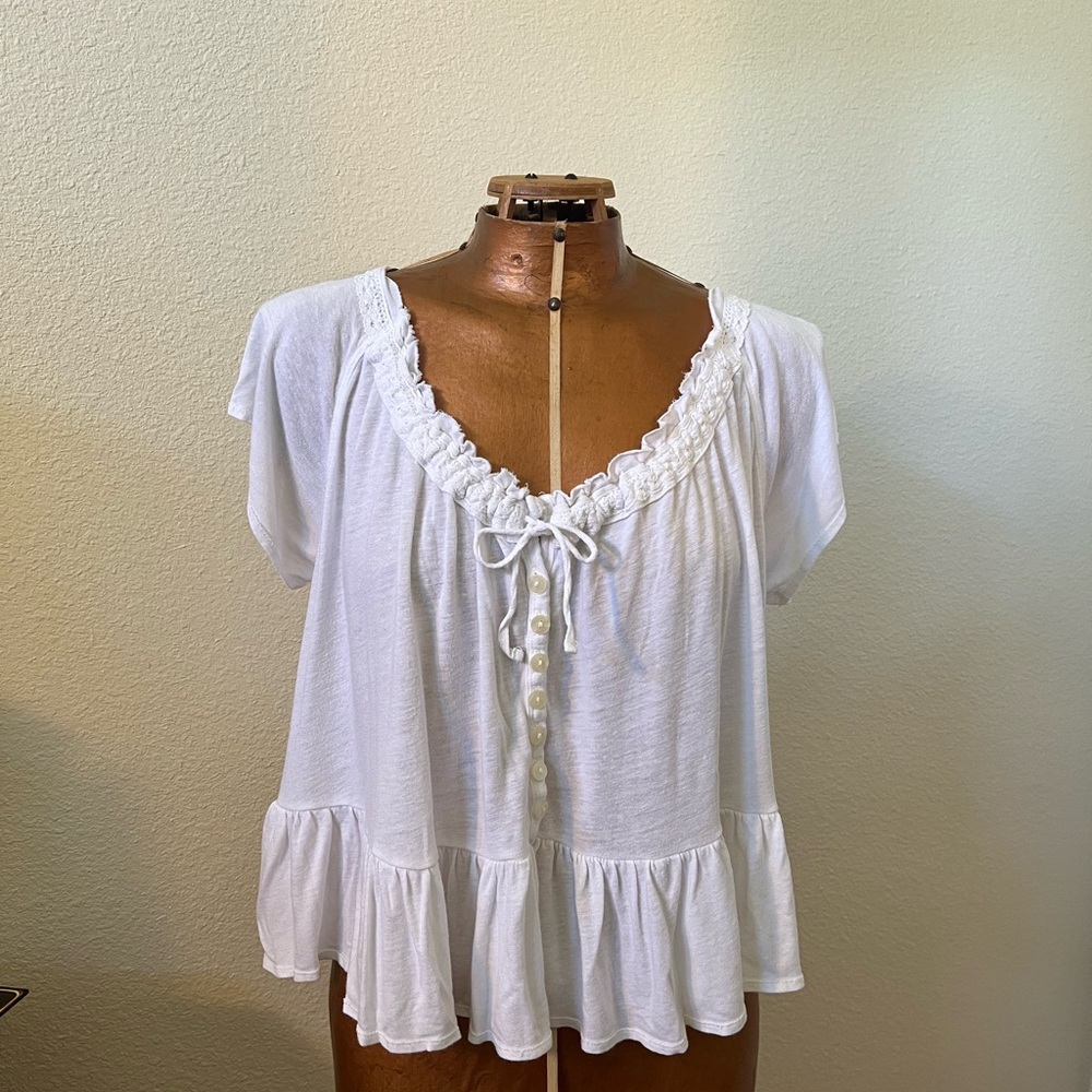 Free People White Ruffle Peasant Blouse with Button Front
